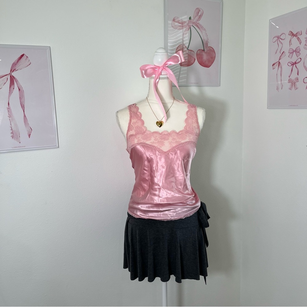 Vintage 90s Maidenform Baby Pink Satin Lace Cami Slip Top USA Womens‎ Size 36/L